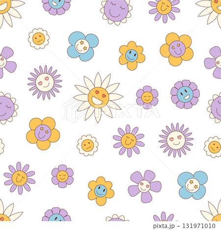 Groovy retro seamless background with colorful flower and daisy in y2k style pattern. Floral chamomile and sunflower face pattern smiley accent create a cheerful colorful wallpaper. 131971010