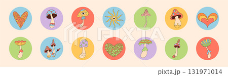 Colorful groovy cartoon mushroom sticker set in round shape. Retro y2k pattern with psychedelic circle illustration. Fun package label for lid, playful set for package or product use. Colorful groovy cartoon mushroom sticker set in round shape. Retro y2k pattern with psychedelic circle illustration. Fun package label for lid, playful set for package or product use. 131971014