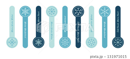 Round blue sticker set with snowflake label in line ornament style. Snow flake icon for winter box seal and christmas illustration. Cold tone adds a modern touch. 131971015