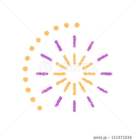 Festive crayon burst with round firecracker spark. A party pattern with sketch starburst and element sparkle form an energetic firework design. Celebration texture and holiday visual accent. 131971038