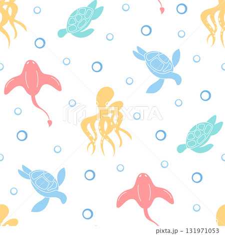 Seamless underwater pattern with flat marine style. Vibrant ocean life featuring turtles and octopus in cartoon aquatic design. Decorative sea elements in playful style, perfect for summer Seamless underwater pattern with flat marine style. Vibrant ocean life featuring turtles and octopus in cartoon aquatic design. Decorative sea elements in playful style, perfect for summer 131971053