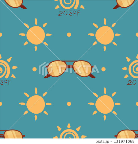 Seamless flat sunscreen bottle sun pattern. Sunblock bottle repeat, sunglasses accent, summer lotion, spf protection and sun motif combine for vibrant seamless pattern. Summer care, flat style, ideal 131971069