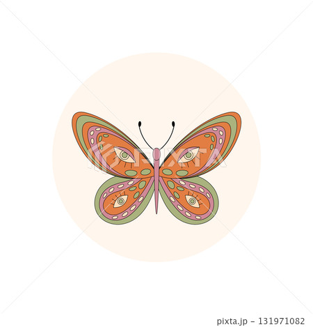 Groovy butterfly with retro orange and colorful patch style in a circle sticker. Butterfly as a trendy symbol and playful label sticker, perfect for lid package decoration in y2k patch aesthetic. 131971082