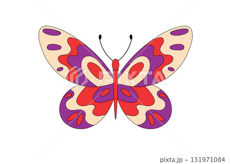 Groovy psychedelic butterfly with retro and colorful look. Funky groovy element, vibrant retro sticker and cute nature motif, perfect as a graphic accent in pop inspired creative art. Groovy psychedelic butterfly with retro and colorful look. Funky groovy element, vibrant retro sticker and cute nature motif, perfect as a graphic accent in pop inspired creative art. 131971084
