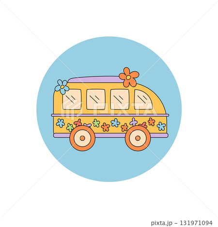 Groovy retro van in colorful cartoon graphic style with hippie flower accents sits in a blue circle sticker. 70s y2k influence meets playful sticker art, lid or package decoration, music vibe for Groovy retro van in colorful cartoon graphic style with hippie flower accents sits in a blue circle sticker. 70s y2k influence meets playful sticker art, lid or package decoration, music vibe for 131971094