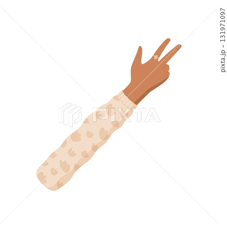Flat style hand gesture with three fingers visible, brown skin tone with a clothed sleeve. Depicts a number gesture for counting or math. Clear and isolated design focused on numbers and counting 131971097