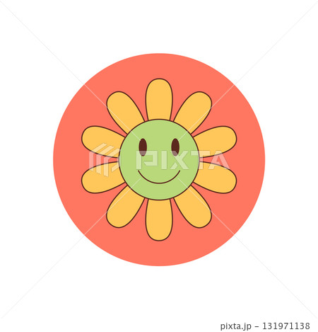 Groovy y2k sticker with a happy smiley flower cartoon in yellow and pink forms a playful graphic accent. Groovy element ideal for package seal, fun retro style and vintage mood for any design. 131971138