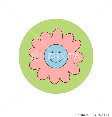 Groovy y2k smiley flower sticker in pink and cartoon graphic style. Cute happy circle sealed as a groovy element, perfect for retro package and decorative seal use. Groovy y2k smiley flower sticker in pink and cartoon graphic style. Cute happy circle sealed as a groovy element, perfect for retro package and decorative seal use. 131971154