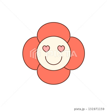 Groovy retro flower sticker in cute cartoon graphic style with happy face and pink heart eyes. This emoji shines as a playful symbol of love and fun y2k groovy element, perfect for cheerful decor. 131971159