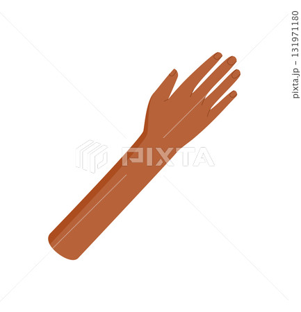 Flat diverse human raised hand in colorful style. Ethnic arm gesture with detailed finger shape. Open symbol of unity and culture, ideal for creative multicultural or solidarity concept themes. 131971180