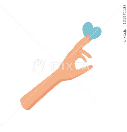 Flat style hand with heart gesture symbol. A human hand in an open position holds a blue heart, embodying love, hope, and charity. Creative concept for giving and emotional care, ideal for social Flat style hand with heart gesture symbol. A human hand in an open position holds a blue heart, embodying love, hope, and charity. Creative concept for giving and emotional care, ideal for social 131971188