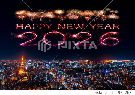 2026 happy new year fireworks over Tokyo cityscape at night, Japan 131971267