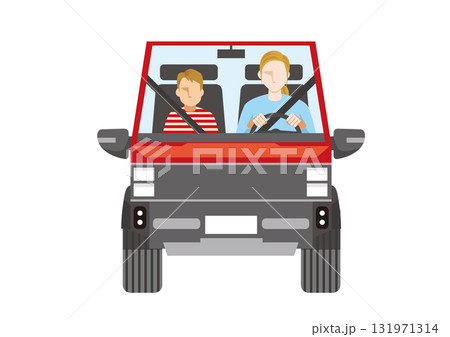 赤色のピックアップトラックに乗る西洋系の母と息子の正面イラスト(フラットデザイン) 赤色のピックアップトラックに乗る西洋系の母と息子の正面イラスト(フラットデザイン) 131971314