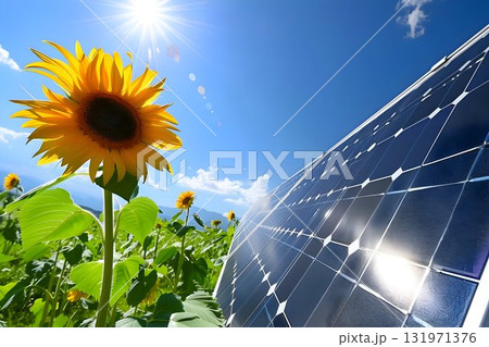 sunflower standing tall beside a sleek, modern solar panel, both reaching toward the bright sun in a clear blue sky sunflower standing tall beside a sleek, modern solar panel, both reaching toward the bright sun in a clear blue sky 131971376