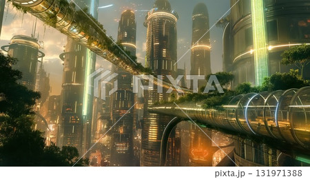 サイバーパンク風の近未来都市の夜景デザイン 131971388