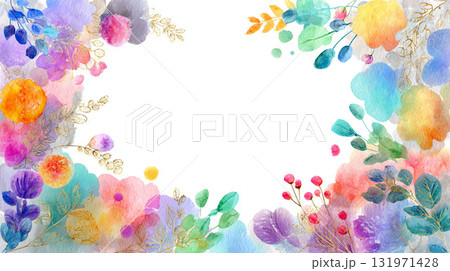 カラフルな水彩の花とゴールド装飾が彩るフレーム背景 カラフルな水彩の花とゴールド装飾が彩るフレーム背景 131971428