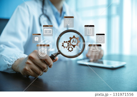 Doctor holding magnifying glass with AI icons, checklist and medical technology interface, symbolizing artificial intelligence in healthcare, smart research, data analysis and innovation. checklist Doctor holding magnifying glass with AI icons, checklist and medical technology interface, symbolizing artificial intelligence in healthcare, smart research, data analysis and innovation. checklist 131971556
