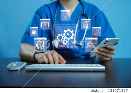Medical professional using laptop with AI icons, checklist and healthcare technology interface, symbolizing artificial intelligence in medicine, smart data management, digital healthcare innovation. Medical professional using laptop with AI icons, checklist and healthcare technology interface, symbolizing artificial intelligence in medicine, smart data management, digital healthcare innovation. 131971557