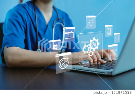 Medical professional using laptop with AI icons, checklist and healthcare technology interface, symbolizing artificial intelligence in medicine, smart data management, digital healthcare innovation. Medical professional using laptop with AI icons, checklist and healthcare technology interface, symbolizing artificial intelligence in medicine, smart data management, digital healthcare innovation. 131971558