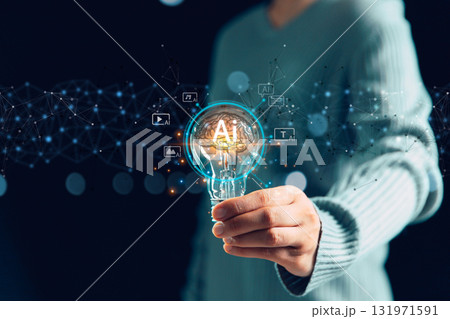 Businesswoman embraces the AI creative innovation concept, with a light bulb symbolizing artificial intelligence powering the modern digital generation of text, image, video, and audio content. 131971591