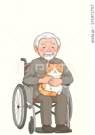 老人ホームの明るいホールで、優しい表情の車椅子に座るおじいさんが、柔らかい毛並みの猫を膝に抱いている 131971757