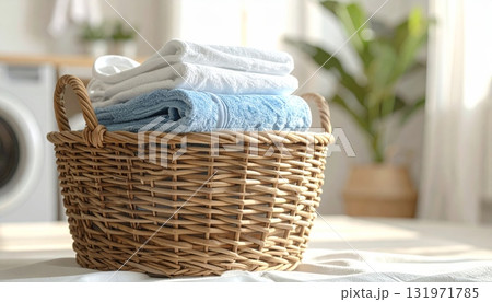 Towels in a Woven Basket 131971785