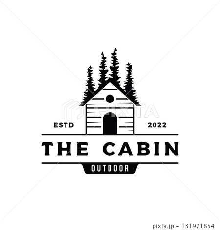 Vintage rustic cabin or cottage logo template design with forest and mountain view. 131971854