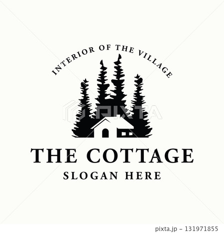 Vintage rustic cabin or cottage logo template design with forest and mountain view. 131971855