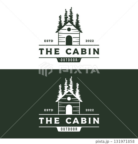 Vintage rustic cabin or cottage logo template design with forest and mountain view. 131971858