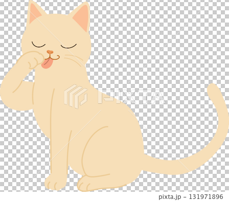 a cute beige cat licking its paw at home, showing calm grooming behavior in a minimalist flat design style suitable for pet and lifestyle concepts 131971896