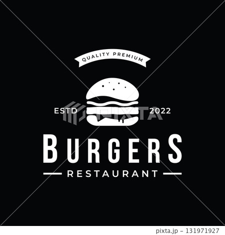 Retro vintage hot burger fresh and tasty logo design. Logo for restaurant, business, label, badge and emblem. 131971927