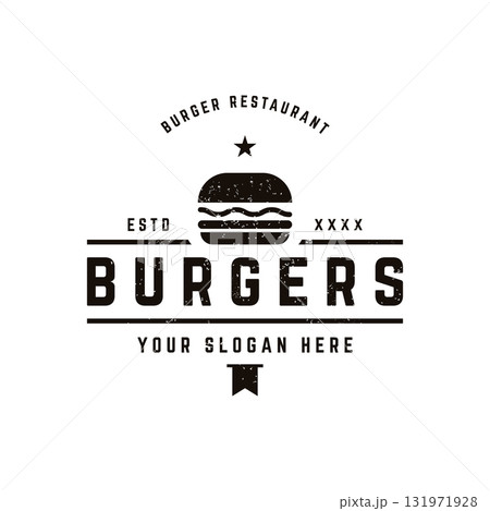 Retro vintage hot burger fresh and tasty logo design. Logo for restaurant, business, label, badge and emblem. 131971928