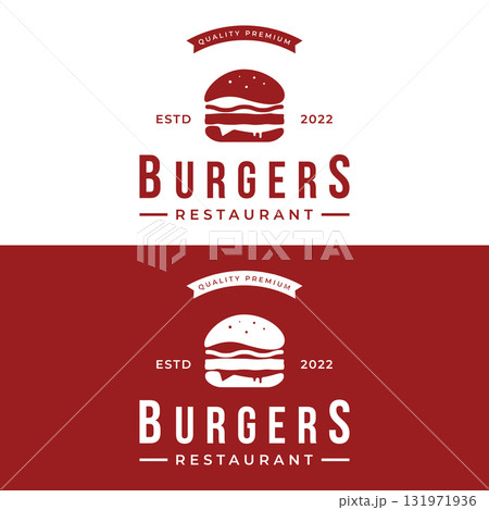 Retro vintage hot burger fresh and tasty logo design. Logo for restaurant, business, label, badge and emblem. Retro vintage hot burger fresh and tasty logo design. Logo for restaurant, business, label, badge and emblem. 131971936