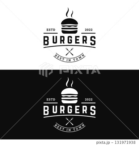 Retro vintage hot burger fresh and tasty logo design. Logo for restaurant, business, label, badge and emblem. 131971938