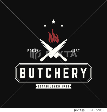 Vintage butcher template logo with knife, fresh beef. Logo for business, butcher shop, restaurant, badge and label. 131972035