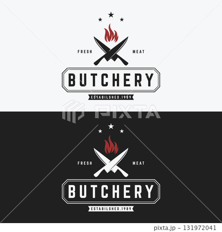 Vintage butcher template logo with knife, fresh beef. Logo for business, butcher shop, restaurant, badge and label. 131972041