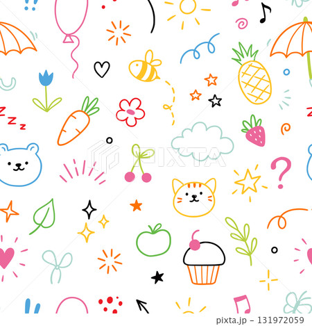 Kid pattern background. Seamless cute pattern with colorful hand drawn icons of bear, cat, cherry, cupcake and pineapple. Fun cartoon bee, cloud, flower doodles background. Vector Kid pattern background. Seamless cute pattern with colorful hand drawn icons of bear, cat, cherry, cupcake and pineapple. Fun cartoon bee, cloud, flower doodles background. Vector 131972059