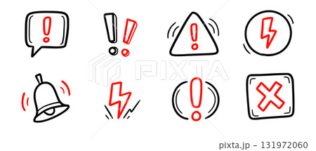 Doodle red exclamation mark, warning sign set. Hand drawn caution signs and warning marks highlight toxic risk, exclamation mark or alert notifications. Doodle stop notification. Vector Doodle red exclamation mark, warning sign set. Hand drawn caution signs and warning marks highlight toxic risk, exclamation mark or alert notifications. Doodle stop notification. Vector 131972060