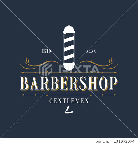 Retro vintage barbershop haircut and shave logo template with haircut equipment design. Logo for business, emblem, label, barber and badge. 131972074