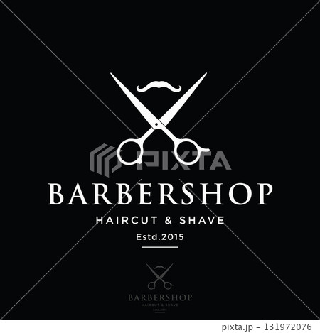 Retro vintage barbershop haircut and shave logo template with haircut equipment design. Logo for business, emblem, label, barber and badge. 131972076