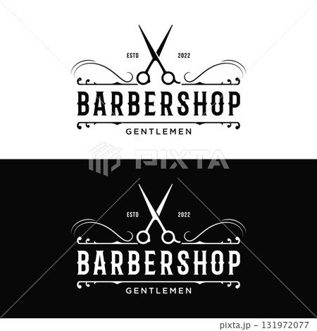 Retro vintage barbershop haircut and shave logo template with haircut equipment design. Logo for business, emblem, label, barber and badge. 131972077