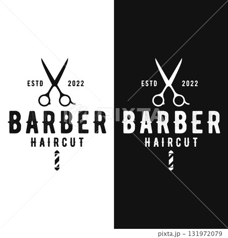 Retro vintage barbershop haircut and shave logo template with haircut equipment design. Logo for business, emblem, label, barber and badge. 131972079