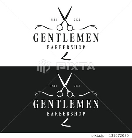 Retro vintage barbershop haircut and shave logo template with haircut equipment design. Logo for business, emblem, label, barber and badge. 131972080