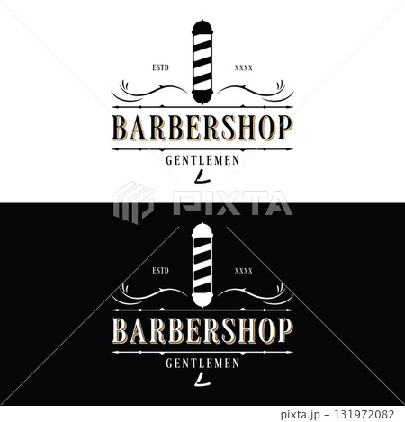 Retro vintage barbershop haircut and shave logo template with haircut equipment design. Logo for business, emblem, label, barber and badge. 131972082