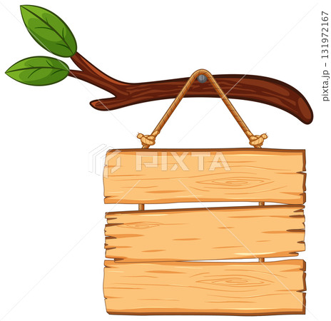 Wooden Sign Hanging from Tree Branch with Leaves Wooden Sign Hanging from Tree Branch with Leaves 131972167