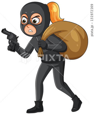 Cartoon Female Robber Carrying Sack and Toy Gun 131972169