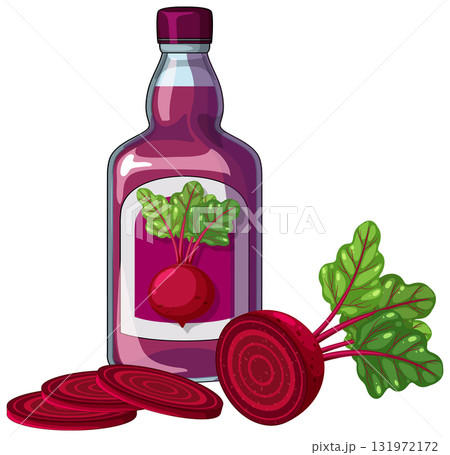 Beetroot Juice Bottle with Fresh Sliced Beets Illustration 131972172