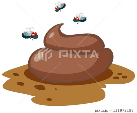 Cartoon Animal Feces with Flies on White Background 131972185