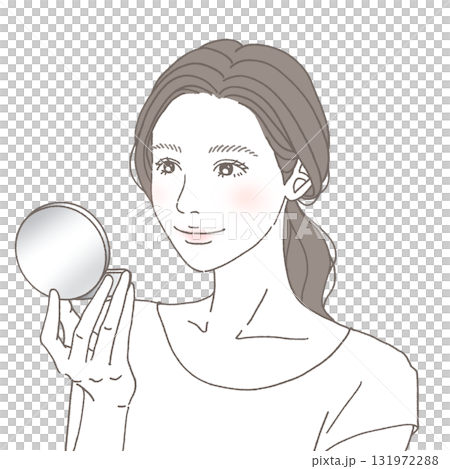 一位面帶微笑、手持鏡子的女子的美麗圖像插圖 一位面帶微笑、手持鏡子的女子的美麗圖像插圖 131972288
