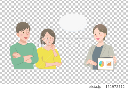 タブレットを持って夫婦に説明をするビジネスウーマン 131972312